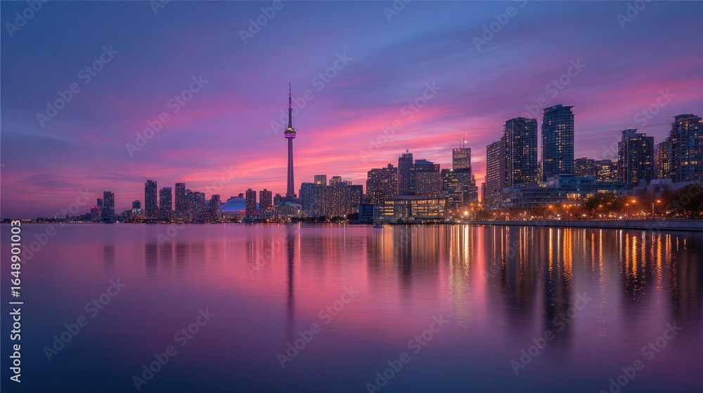 Fototapeta premium City skyline at sunset reflected in calm water
