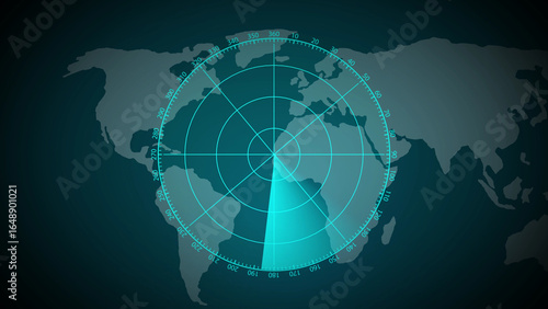 Radar screen with world map and scanning sector globe