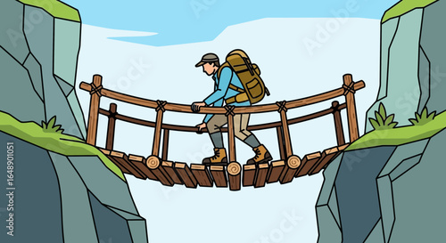 Adventurous Journey Man Traversing Mountain Suspended Wooden Bridge Illustration
