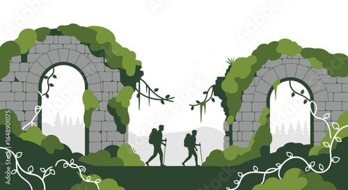 Adventurous Journey Through Ancient Ruins In Nature With Mountain Hikers