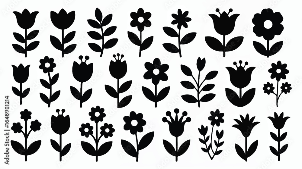 Fototapeta premium Seamless floral pattern with abstract flowers and leaves creating a folk art inspired design for textile prints and decorative backgrounds featuring black silhouettes against a white background