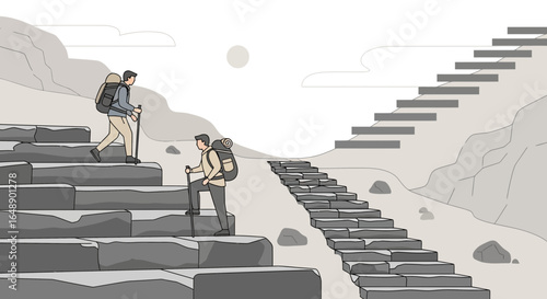 Adventurous Men Hiking Through the Mountain on Stone Steps Towards Success