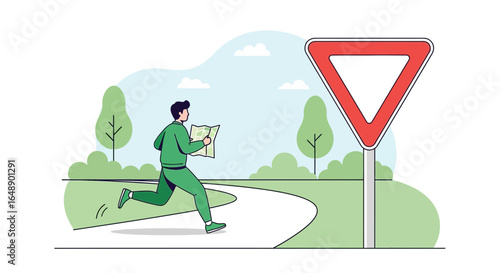 Adventurous Navigator Running In Nature While Consulting A Roadmap At Intersection