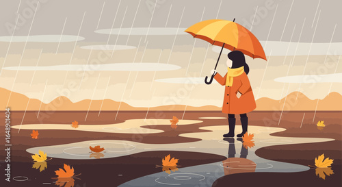 Autumn Day Walk Alone In the Rain With an Umbrella and Falling Leaves