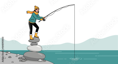 Adventurous Woman Enjoying Winter Fishing Standing On A Stack Of Rocks