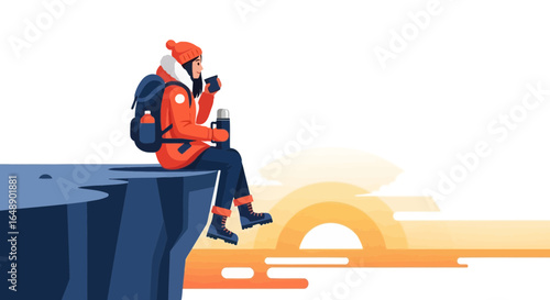 Adventurous Woman Relishing a Hot Beverage On Cliff's Edge At Sunrise Scenery