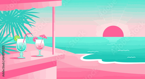 Aesthetic Tropical Getaway with Cocktails at Beachfront Bar Scene