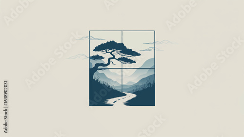 Serene Mountain Landscape with Winding Road and Bonsai Tree Framed in Artistic Graphic Design Ideal for Meditative Wall Art and Zen Inspired Dcor