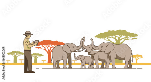 African Elephants Family And Park Ranger Wildlife Conservation Observation
