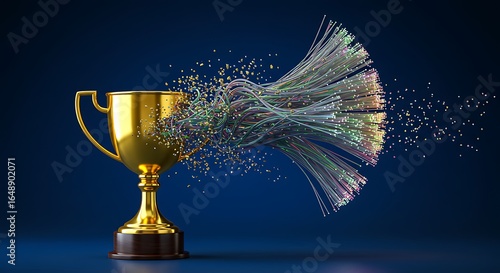 Golden Trophy Exploding with Colorful Fiber Optics