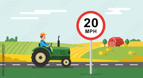 Agricultural Tractor Speed Limit Zone In Rural Farming Landscape Vector Illustration