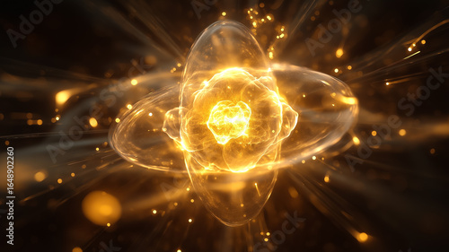 Golden energy core atom nucleus abstract background concept