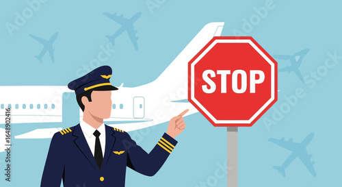 Airport Pilot Directing To Stop Sign Warning About Air Transport Safety
