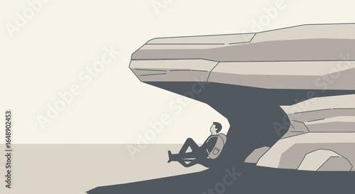 Alone Traveler Resting Beneath Large Rock Formation For Solitude And Reflection