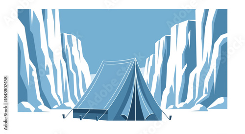 Alpine Camping Scene With Glacial Peaks Against A Soft Blue Sky Backdrop