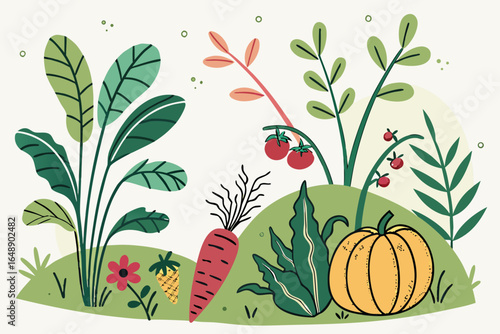 Garden Harvest Illustration with Pumpkins