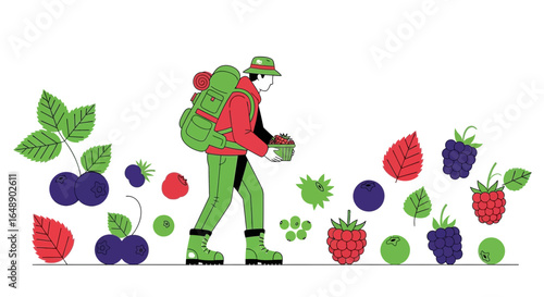 An illustration of a hiker collecting berries, showcasing a vibrant and natural theme evoking foraging
