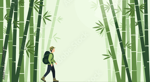 An illustration of a man walking in a bamboo forest with a backpack and hat creates a sense of adventure and nature exploration