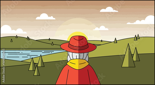An Illustration Of A Person Contemplating A Scenic Landscape View At Sunset