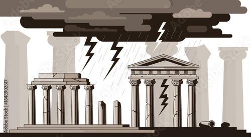 Ancient Ruins Under a Storm: The fragility of civilizations amidst natural disaster
