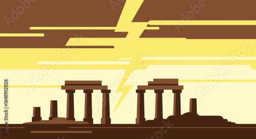 Ancient ruins struck by lightning vector illustration depicting natural disaster