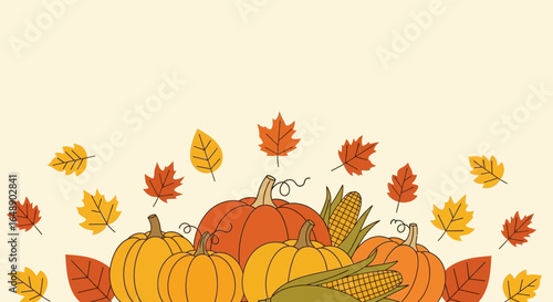 Autumnal Composition With Pumpkins Corn And Falling Leaves Elegant Arrangement