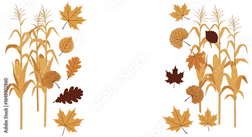 Autumnal Corn And Falling Leaves Create Frame On White Background