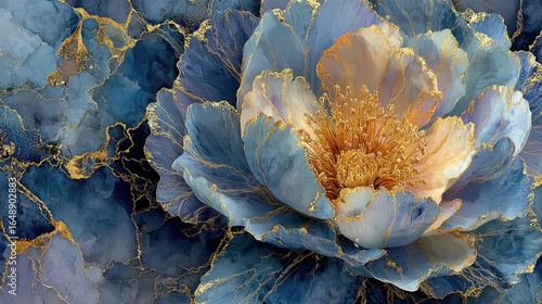 Close-up of a stylized, richly colored peony
