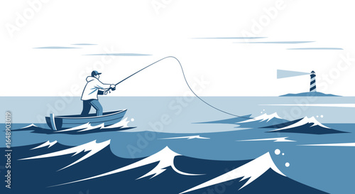Angler Enjoying A Relaxing Day Fishing From His Boat Near The Lighthouse