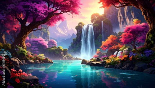 “Fantasy landscape painting of a crystal-clear waterfall cascading into a glowing turquoise pool, surrounded by colorful rock formations.”
