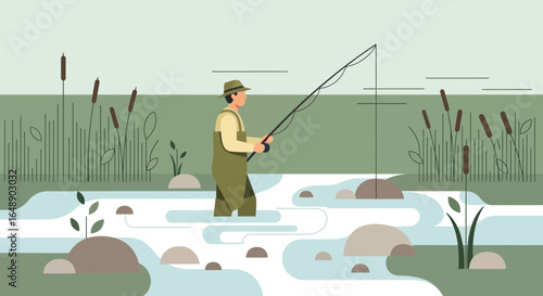 Angler Enjoying Calm River Fishing Day In Nature Illustration Vector