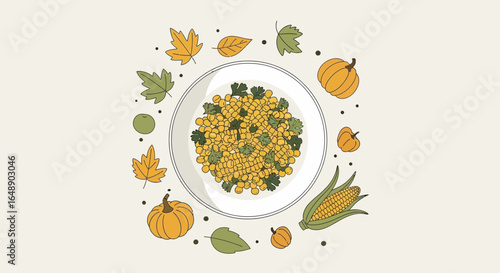 Autumnal Delight Fresh Corn Salad Surrounded By Seasonal Elements Illustration