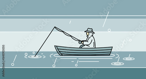 Angler Enjoying Fishing Alone At The Lake In Rainy Weather Season