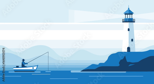 Angler Enjoying Solitude Fishing Beside a Guiding Lighthouse in Serene Seas