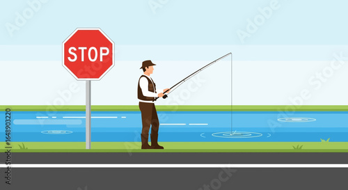 Angler Ignoring Road Sign for His Hobby, A Humorous Concept Illustration