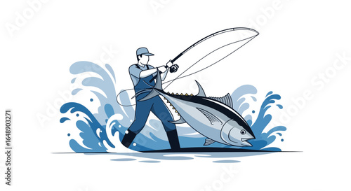 Angler In A Fishing Battle On The Waves With A Big Tuna Fish