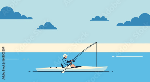 Angler In Kayak Enjoying A Sunny Day Of Fishing Illustration