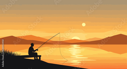 Angler Silhouette At Golden Hour A Serene Scene Of Tranquility Outdoor Pursuit