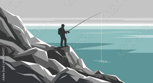 Angler Silhouette Enjoying Fishing On Cliff In Serene Coastal Landscape