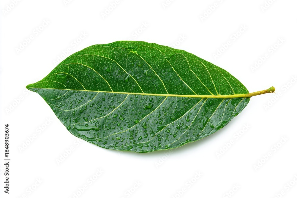 Obraz premium Close-up of a single, vibrant green leaf, with water droplets