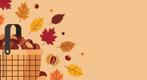 Autumnal Gathering Basket Filled With Chestnuts And Falling Colorful Leaves