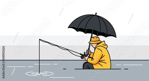 Angler Under Umbrella Fishing In The Rain Bad Weather Leisure Pursuit
