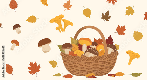 Autumnal Gathering Of Mushrooms And Leaves In Woven Basket Decoration