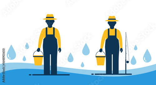 Angler With A Bucket In Flat Design Style With Waves Of Water