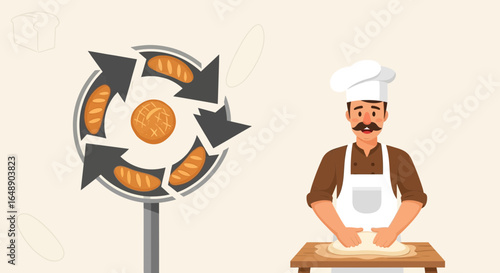 Animated Baker Preparing Dough With Bread Baking Process Diagram Presentation