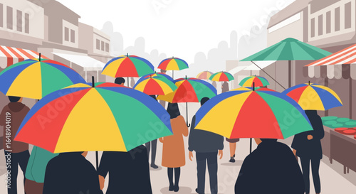 Animated Streetscape Illustration Featuring Pedestrians Holding Colorful Umbrellas