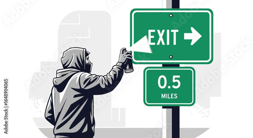 Anonymous Figure Defacing An Exit Sign Illustrating Urban Rebellion In Gray Scale