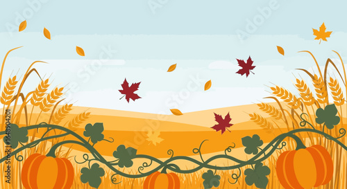 Autumnal Harvest Scene with Pumpkins Wheat and Falling Leaves Vector Illustration