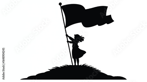 Silhouette of a girl planting a flag on a hilltop symbolizing achievement and progress with bold design against a plain background representing victory and leadership