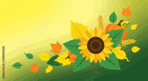 Autumnal Harvest: Sunflower Pumpkin And Foliage On Gradient Background Illustration